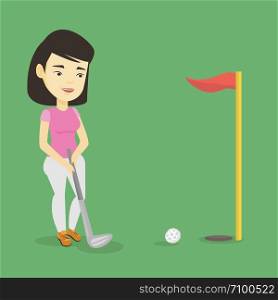 Young asian golfer playing golf. Golfer hitting the ball in the hole with red flag. Professional golfer on the golf course. Vector flat design illustration. Square layout.. Golfer hitting the ball vector illustration.