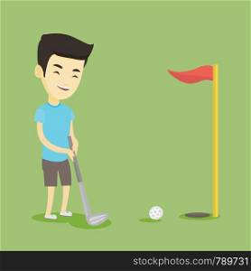 Young asian golfer playing golf. Golfer hitting the ball in the hole with red flag. Professional golfer on the golf course. Vector flat design illustration. Square layout.. Golfer hitting the ball vector illustration.