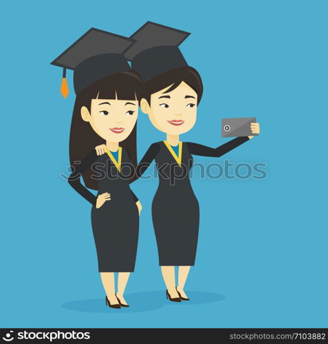 Young asian graduates making selfie. Cheerful graduates in cloaks and graduation caps making selfie. Happy graduates making selfie with cellphone. Vector flat design illustration. Square layout.. Graduates making selfie vector illustration.