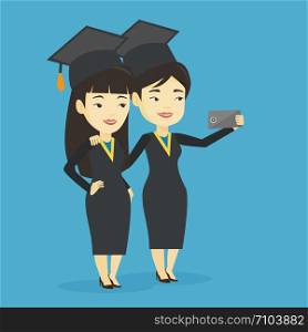 Young asian graduates making selfie. Cheerful graduates in cloaks and graduation caps making selfie. Happy graduates making selfie with cellphone. Vector flat design illustration. Square layout.. Graduates making selfie vector illustration.