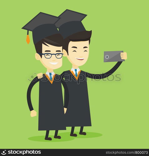 Young asian graduates making selfie. Cheerful graduates in cloaks and graduation caps making selfie. Happy graduates making selfie with cellphone. Vector flat design illustration. Square layout.. Graduates making selfie vector illustration.