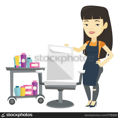 Young asian hair stylist standing near armchair and table with cosmetics in barber shop. Hair stylist standing at workplace in barber shop. Vector flat design illustration isolated on white background. Hair stylist at workplace in barber shop.