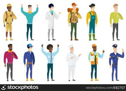 Young asian happy farmer. Full length of smiling happy farmer posing. Illustration of happy standing farmer. Set of vector flat design illustrations isolated on white background.. Vector set of professions characters.