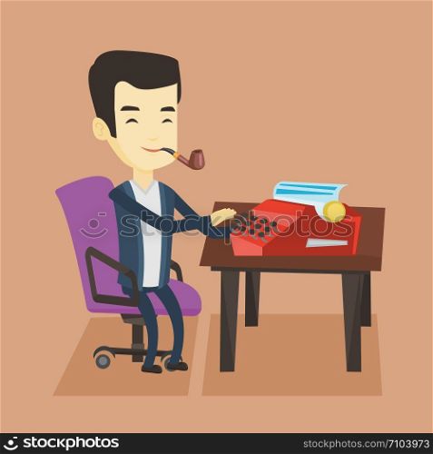 Young asian journalist writing an article on a vintage typewriter. Concentrated journalist working on retro typewriter and smoking pipe. Vector flat design illustration. Square layout.. Journalist working on retro typewriter.