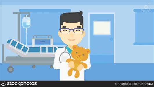 Young asian male pediatrician doctor holding a teddy bear. Professional pediatrician doctor with a teddy bear in the hospital room. Vector flat design illustration. Horizontal layout.. Pediatrician doctor holding teddy bear.