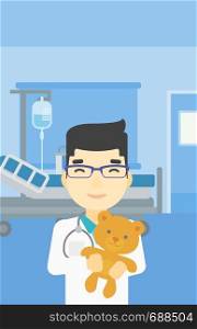 Young asian male pediatrician doctor holding a teddy bear. Professional pediatrician doctor with a teddy bear in the hospital room. Vector flat design illustration. Vertical layout.. Pediatrician doctor holding teddy bear.