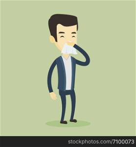 Young asian man blowing his nose to paper napkin. Sick man sneezing with closed eyes. Unwell man having an allergy and blowing his nose to a tissue. Vector flat design illustration. Square layout.. Young asian sick man sneezing.