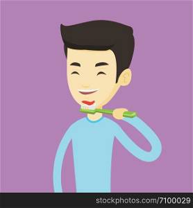 Young asian man brushing his teeth. Smiling man cleaning his teeth. Cheerful man taking care of his teeth. Cheerful guy with toothbrush in hand. Vector flat design illustration. Square layout.. Man brushing her teeth vector illustration.