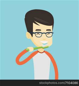 Young asian man brushing his teeth. Smiling man cleaning his teeth. Cheerful man taking care of his teeth. Cheerful guy with toothbrush in hand. Vector flat design illustration. Square layout.. Man brushing his teeth vector illustration.