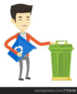 Young asian man carrying recycling bin. Smiling man holding recycling bin while standing near a trash can. Concept of waste recycling. Vector flat design illustration isolated on white background.. Man with recycle bin and trash can.