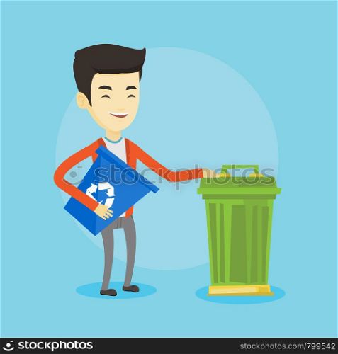 Young asian man carrying recycling bin. Smiling man holding recycling bin while standing near a trash can. Concept of waste recycling. Vector flat design illustration. Square layout.. Man with recycle bin and trash can.