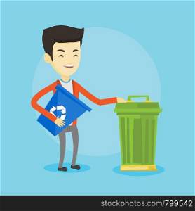 Young asian man carrying recycling bin. Smiling man holding recycling bin while standing near a trash can. Concept of waste recycling. Vector flat design illustration. Square layout.. Man with recycle bin and trash can.
