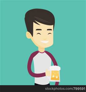 Young asian man celebrating with beer. Smiling man holding a big glass of beer. Full length of male beer fan. Man drinking beer at pub. Vector flat design illustration. Square layout.. Man drinking beer vector illustration.