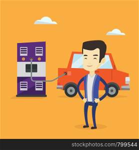 Young asian man charging electric car at charging station. Man standing near power supply for electric car. Charging of electric car. Vector flat design illustration. Square layout.. Charging of electric car vector illustration.