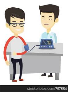 Young asian man checking blood pressure with digital blood pressure meter. Man giving thumb up while doctor measures his blood pressure. Vector flat design illustration isolated on white background.. Blood pressure measurement vector illustration.