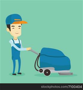 Young asian man cleaning supermarket floor. Friendly man working with cleaning machine. Cheerful male worker of cleaning services in supermarket. Vector flat design illustration. Square layout.. Worker cleaning store floor with machine.