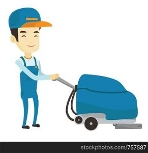 Young asian man cleaning supermarket floor. Man working with cleaning machine. Cheerful male worker of cleaning services in supermarket. Vector flat design illustration isolated on white background.. Worker cleaning store floor with machine.