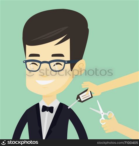 Young asian man cutting price tag off new clothes with scissors. Smiling man removing price tag off his new t-shirt. Happy man shopping at clothes store. Vector flat design illustration. Square layout. Man cutting price tag off new t-shirt.