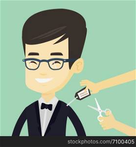 Young asian man cutting price tag off new clothes with scissors. Smiling man removing price tag off his new t-shirt. Happy man shopping at clothes store. Vector flat design illustration. Square layout. Man cutting price tag off new t-shirt.