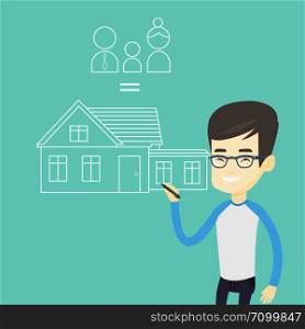 Young asian man drawing a family house. Smiling man drawing a house with a family. Happy man dreaming about future life in a new family house. Vector flat design illustration. Square layout.. Young asian man drawing family house.