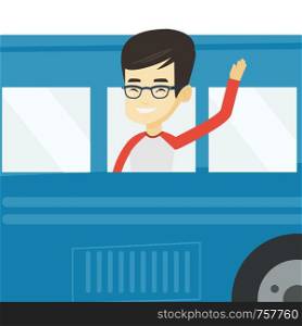 Young asian man enjoying his trip by bus. Happy passenger waving hand from bus window. Tourist peeking out of bus window and waving hand. Vector flat design illustration isolated on white background.. Man waving hand from bus window.