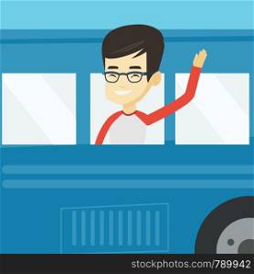 Young asian man enjoying his trip by bus. Happy passenger waving hand from bus window. Smiling tourist peeking out of bus window and waving his hand. Vector flat design illustration. Square layout.. Man waving hand from bus window.