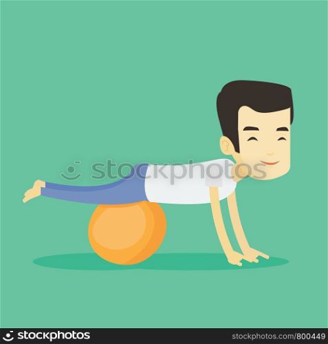 Young asian man exercising with fitball. Smiling man training triceps and biceps while doing push ups on fitball. Man doing exercises on fitball. Vector flat design illustration. Square layout.. Young man exercising with fitball.
