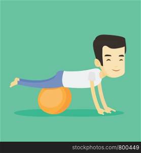 Young asian man exercising with fitball. Smiling man training triceps and biceps while doing push ups on fitball. Man doing exercises on fitball. Vector flat design illustration. Square layout.. Young man exercising with fitball.