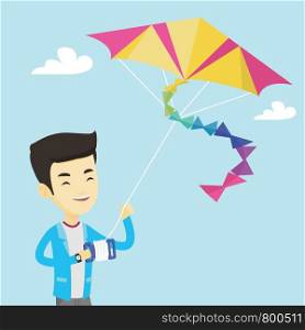 Young asian man flying a colourful kite. Smiling man controlling a kite. Happy man walking with a kite. Cheerful man playing with a kite. Vector flat design illustration. Square layout.. Young man flying kite vector illustration.