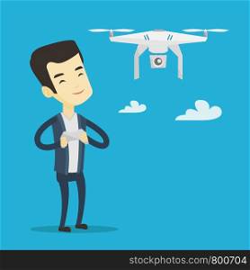 Young asian man flying drone with remote control. Man operating a drone with remote control. Man controling a drone. Vector flat design illustration. Square layout.. Man flying drone vector illustration.