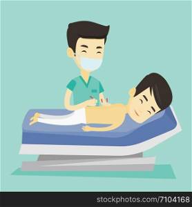 Young asian man getting acupuncture treatment in a spa center. Acupuncturist doctor performing acupuncture therapy on the back of a customer in salon. Vector flat design illustration. Square layout.. Acupuncturist doctor making acupuncture therapy.