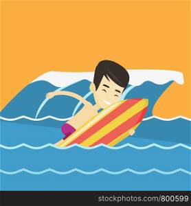 Young asian man having fun during execution of a move on a blue ocean wave. Happy surfer in action on a surf board. Lifestyle and water sport concept. Vector flat design illustration. Square layout.. Happy surfer in action on a surf board.