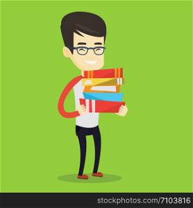Young asian man holding a pile of educational books in hands. Smiling student carrying huge stack of books. Student preparing for exam with books. Vector flat design illustration. Square layout.. Man holding pile of books vector illustration.
