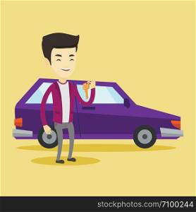 Young asian man holding keys to his new car. Happy man showing key to his new car. Smiling man standing on the backgrond of his new car. Vector flat design illustration. Square layout.. Man holding keys to her new car.