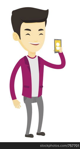 Young asian man holding ringing mobile phone. Smiling man answering a phone call. Man standing with ringing phone in hand. Vector flat design illustration isolated on white background.. Man holding ringing mobile phone.