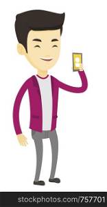 Young asian man holding ringing mobile phone. Smiling man answering a phone call. Man standing with ringing phone in hand. Vector flat design illustration isolated on white background.. Man holding ringing mobile phone.