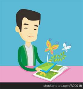 Young asian man holding tablet computer above the book. Happy man looking at butterflies flying out from digital tablet. Concept of agmented reality. Vector flat design illustration. Square layout.. Augmented reality vector illustration.