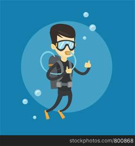 Young asian man in diving suit snorkeling and giving thumb up. Man diving with scuba and showing ok sign. Man enjoying the diving. Vector flat design illustration. Square layout.. Man diving with scuba and showing ok sign.