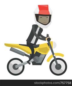 Young asian man in helmet riding a motorcycle. Happy man driving a motorcycle. Side view on a cheerful man riding a motorcycle. Vector flat design illustration isolated on white background.. Young asian man riding motorcycle.