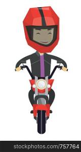 Young asian man in helmet riding a motorcycle. Happy man driving a motorcycle. Front view on a smiling man riding a motorcycle. Vector flat design illustration isolated on white background.. Young man riding motorcycle at night.