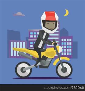 Young asian man in helmet riding a motorcycle on the background of night city. Man driving a motorcycle on city road. Man riding a motorcycle at night. Vector flat design illustration. Square layout.. Young man riding motorcycle at night.