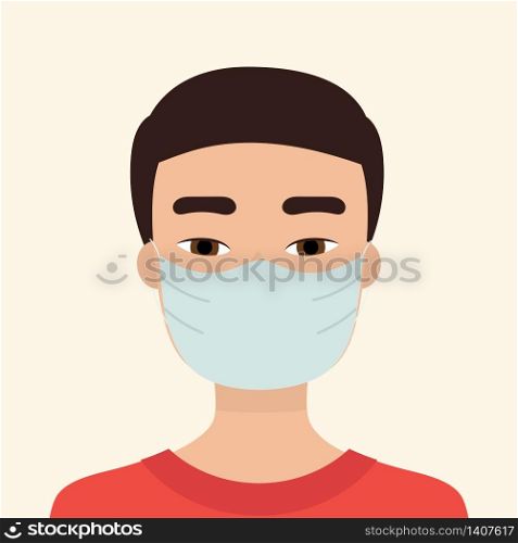 Young Asian man in medical mask. Concept of protection against viruses, flu, coronavirus. Prevention of an epidemic. Flat vector illustration.