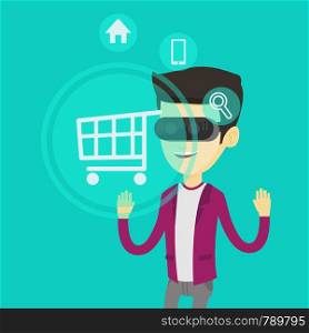 Young asian man in virtual reality headset looking at shopping cart icon. Happy man doing online shopping. Virtual reality and shopping online concept. Vector flat design illustration. Square layout.. Man in virtual reality headset shopping online.