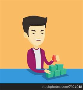 Young asian man making pyramid of network avatars. Smiling man building his social network. Networking and communication concept. Vector flat design illustration. Square layout.. Man building pyramid of network avatars.