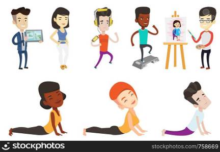 Young asian man painting a female model on canvas. Smiling male artist drawing on an easel. Cheerful artist working on painting. Set of vector flat design illustrations isolated on white background.. Vector set of sport characters.