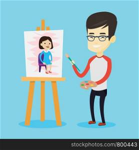 Young asian man painting a female model on canvas. Creative smiling male artist drawing on an easel. Cheerful artist working on a painting. Vector flat design illustration. Square layout.. Creative male artist painting portrait.