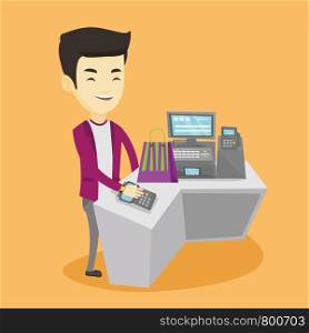 Young asian man paying wireless with his smart watch at the checkout counter. Customer making payment for purchase with smart watch. Man doing shopping. Vector flat design illustration. Square layout.. Man paying wireless with smart watch.