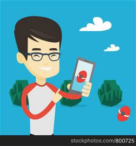 Young asian man playing action game on smartphone. Smiling man playing with his mobile phone outdoor. Man using smartphone for playing action game. Vector flat design illustration. Square layout.. Man playing action game on smartphone.