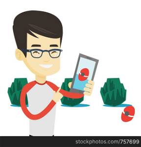 Young asian man playing action game on smartphone. Man playing with his mobile phone outdoor. Man using smartphone for playing action game. Vector flat design illustration isolated on white background. Man playing action game on smartphone.