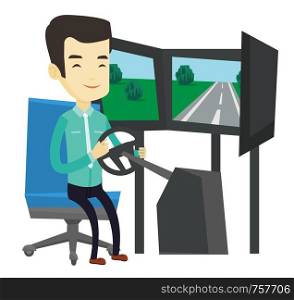 Young asian man playing video game with gaming wheel. Happy gamer driving autosimulator in game room. Man playing car racing video game. Vector flat design illustration isolated on white background.. Man playing video game with gaming wheel.